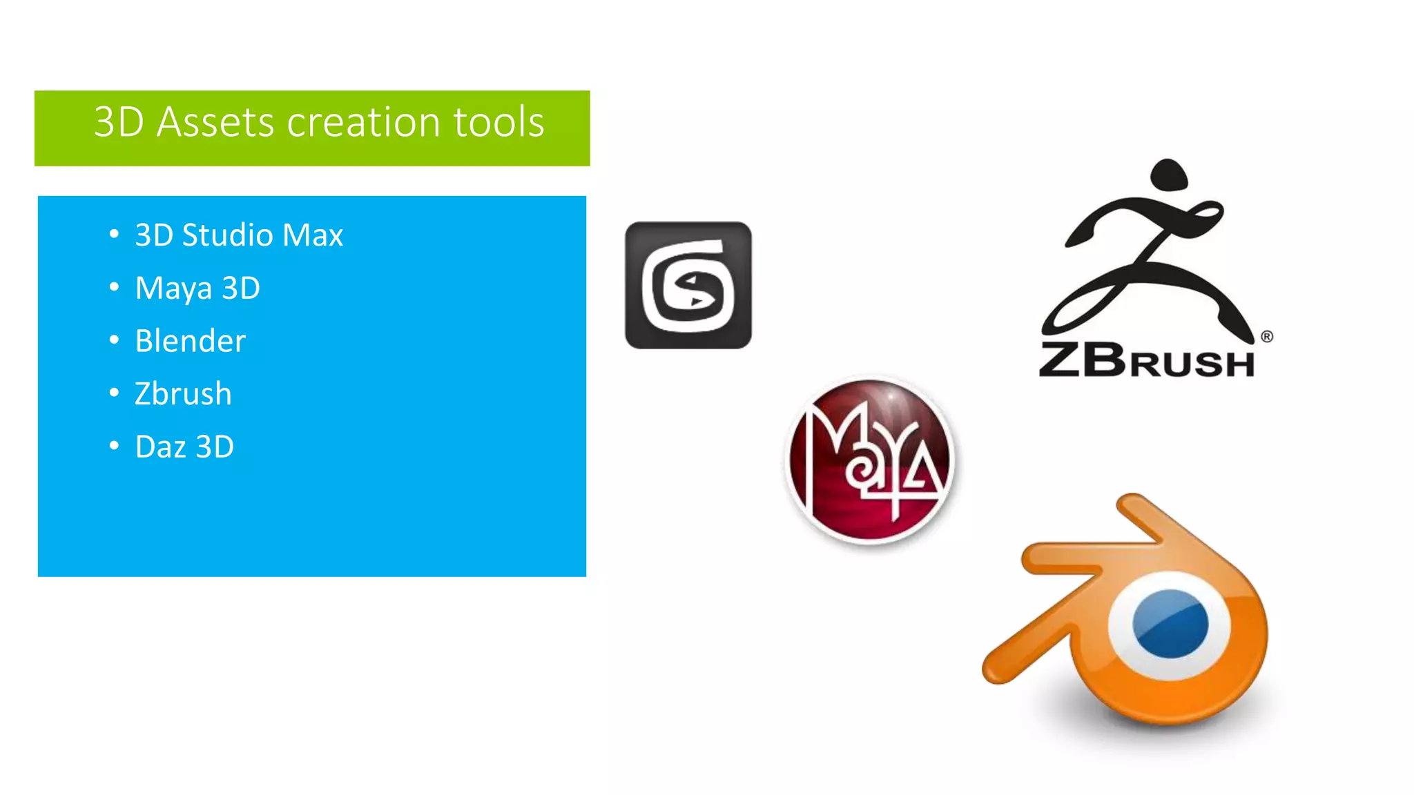 3D Assets creation tools
• 3D Studio Max
• Maya 3D
• Blender
• Zbrush
• Daz 3D
 