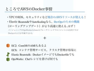 事例3：ブランチ別の環境をあっというまに
• 本番環境だと100台程度の、中規模プロジェクト
• 複数レイヤ：Nginx、PHP、Java、MySQL、etc..
• CI環境で
• 社内のDockerリポジトリを参照して
• SlackからGitのブランチを指定して環境立ち上げ
• 指定ブランチ環境のエンドポイントが返ってくる
 