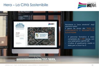 Hera – La Città Sostenibile

Nonostante la “poca attrattività” degli
argomenti trattati,

il gioco ha avuto dei TASSI DI
GRADIMENTO E REDEMPTION
ELEVATISSIMI:
- 
- 

ali$leb.it	
  srl	
  –	
  Tu/	
  i	
  Diri/	
  Riserva3	
  –	
  www.ali$leb.it	
  |	
  info@ali$leb.it	
  

Il percorso formativo è stato
completato da 4.789 risorse, con
una redemption dell’87,6%
L’indice di gradimento medio è
stato pari a circa 4 su 5

14	
  

 