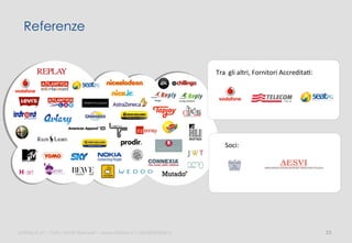 Referenze

Tra gli	
  altri,	
  Fornitori	
  Accredita3:	
  	
  

Soci:	
  	
  

ali$leb.it	
  srl	
  –	
  Tu/	
  i	
  Diri/	
  Riserva3	
  –	
  www.ali$leb.it	
  |	
  info@ali$leb.it	
  

23	
  

 