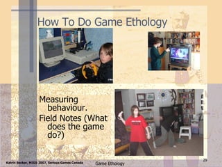 How To Do Game Ethology Measuring behaviour. Field Notes (What does the game do?) 