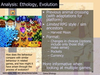 Analysis: Ethology, Evolution Previous animal crossing (with adaptations for platform) Limited  RPG style / sim ancestors Harvest Moon Format:  Changes in choices (options include only those that make sense) Pockets Currency More informative when looking at multiple games. How does the behaviour compare with similar behaviour in related games, and how might it have arisen through the process of evolution? 
