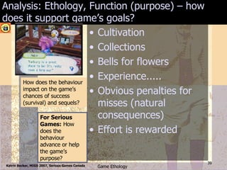 Analysis: Ethology, Function (purpose) – how does it support game’s goals?  Cultivation Collections Bells for flowers Experience..... Obvious penalties for misses (natural consequences) Effort is rewarded How does the behaviour impact on the game’s chances of success (survival) and sequels? For Serious Games:  How does the behaviour advance or help the game’s purpose? 