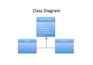 GameLoop	
  and	
  FPS	
  
class MyCanvas extends GameCanvas implements Runnable {
private int fps = 30;
public MyCanvas() {
super(true);
Thread thread = new Thread(this);
thread.start();
}
public void run() {

// Problem, what if the mobile phone can keep up with the pace?
while(true) {

// This takes second…
doSomethingHeavyAndMagical3DStuff();
try {
Thread.sleep(1000 / fps); // and after the second, we will wait more!
} catch (InterruptedException e) { .. }
}
}
}

 