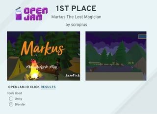 1ST PLACE
Markus The Lost Magician
by scroplus
OPENJAM.IO CLICK RESULTS
Tools Used
1 Unity
2 Blender
 