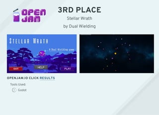 3RD PLACE
Stellar Wrath
by Dual Wielding
Tools Used:
1 Godot
OPENJAM.IO CLICK RESULTS
 
