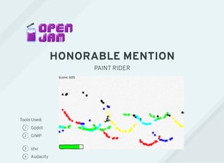 HONORABLE MENTION
PAINT RIDER
Tools Used:
1 Godot
2 GIMP
3 sfxr
4 Audacity
 