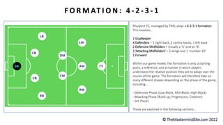 F O R M AT I O N : 4 - 2 - 3 - 1
Rhyspect FC, managed by TMS, plays a 4-2-3-1 formation.
This involves…
1 Goalkeeper
4 Defenders – 1 right-back, 2 centre-backs, 1 left-back
2 Defensive Midfielders – Usually a ‘6’ and an ‘8’.
3 ‘Attacking Midfielders’ – 2 wings and 1 ‘number 10’.
1 Forward
Within our game model, the formation is only a starting
point, a reference, and a manner in which players
understand the relative position they are to adopt over the
course of the game. The formation will therefore take on
many different shapes depending on the phase of the game,
including….
- Defensive Phase (Low-Block, Mid-Block, High-Block)
- Attacking Phase (Build-up, Progression, Creation)
- Set-Pieces
These are explored in the following sections…
 