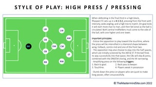 S T Y L E O F P L AY: H I G H P R E S S / P R E S S I N G
When defending in the final third in a high-block,
Rhyspect FC sets up in a 4-1-3-2, pressing from the front with
intensity, wide angling, and a high line to match. On goal kicks
it will start more man to man, and then fall zonal as the ball is
circulated. Both central midfielders must come to the side of
the ball, with one higher and one lower.
Important principles:
- Entice the opposition to play toward the touchline, where
the press will be intensified in a diamond shape between
wing, fullback, centre-mid and one of the front two.
- The opposition may also choose to play into the half-spaces,
which are initially screened by the AM & ST. If the ball finds
its way successfully into that space, the CBs will step & press,
combined with the DM/CM closing, and the W narrowing.
- Amplifying press on the following triggers:
1. Back to goal. 2. Back pass to keeper.
3. Touchline. 4. Players weak in possession
- Dumb down the press on players who are quick to make
long passes, often unsuccessfully.
 