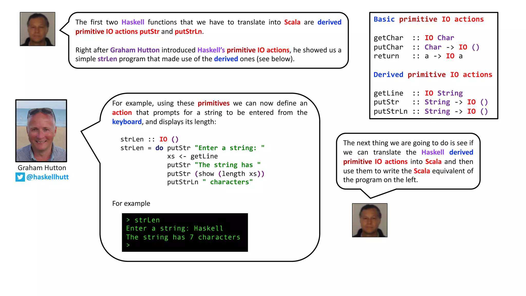 The first two Haskell functions that we have to translate into Scala are derived
primitive IO actions putStr and putStrLn.
Right after Graham Hutton introduced Haskell’s primitive IO actions, he showed us a
simple strLen program that made use of the derived ones (see below).
Basic primitive IO actions
getChar :: IO Char
putChar :: Char -> IO ()
return :: a -> IO a
Derived primitive IO actions
getLine :: IO String
putStr :: String -> IO ()
putStrLn :: String -> IO ()
Graham Hutton
@haskellhutt
For example, using these primitives we can now define an
action that prompts for a string to be entered from the
keyboard, and displays its length:
strLen :: IO ()
strLen = do putStr "Enter a string: "
xs <- getLine
putStr "The string has "
putStr (show (length xs))
putStr " characters”
For example:
strlen
Enter a string: Haskell
The string has 7 characterstr " chara
cters"
strLen :: IO ()
strLen = do putStr "Enter a string: "
xs <- getLine
putStr "The string has "
putStr (show (length xs))
putStrLn " characters"
> strLen
Enter a string: Haskell
The string has 7 characters
>
The next thing we are going to do is see if
we can translate the Haskell derived
primitive IO actions into Scala and then
use them to write the Scala equivalent of
the program on the left.
 