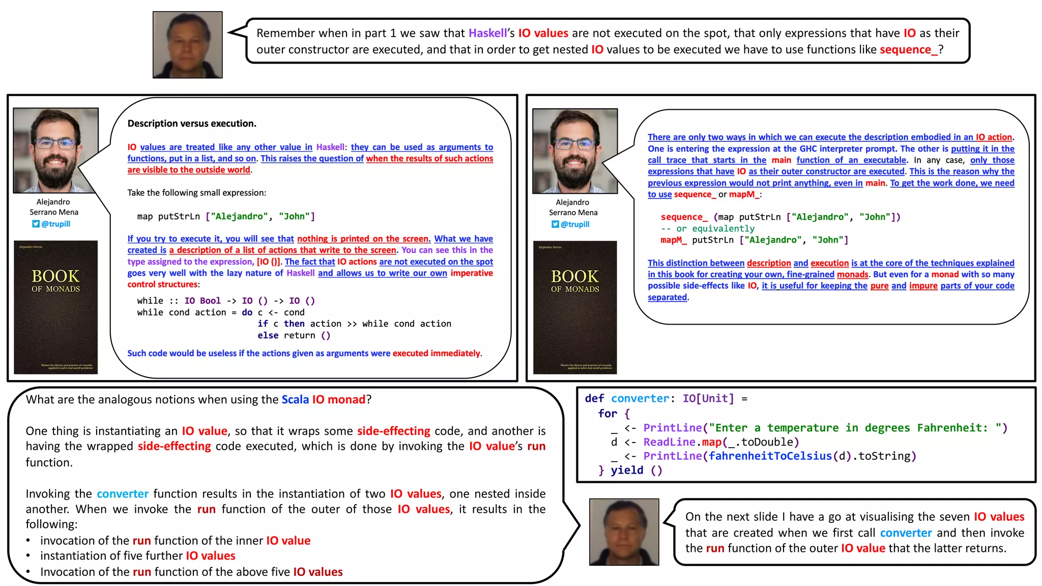 What are the analogous notions when using the Scala IO monad?
One thing is instantiating an IO value, so that it wraps some side-effecting code, and another is
having the wrapped side-effecting code executed, which is done by invoking the IO value’s run
function.
Invoking the converter function results in the instantiation of two IO values, one nested inside
another. When we invoke the run function of the outer of those IO values, it results in the
following:
• invocation of the run function of the inner IO value
• instantiation of five further IO values
• Invocation of the run function of the above five IO values
def converter: IO[Unit] =
for {
_ <- PrintLine("Enter a temperature in degrees Fahrenheit: ")
d <- ReadLine.map(_.toDouble)
_ <- PrintLine(fahrenheitToCelsius(d).toString)
} yield ()
Remember when in part 1 we saw that Haskell’s IO values are not executed on the spot, that only expressions that have IO as their
outer constructor are executed, and that in order to get nested IO values to be executed we have to use functions like sequence_?
On the next slide I have a go at visualising the seven IO values
that are created when we first call converter and then invoke
the run function of the outer IO value that the latter returns.
 