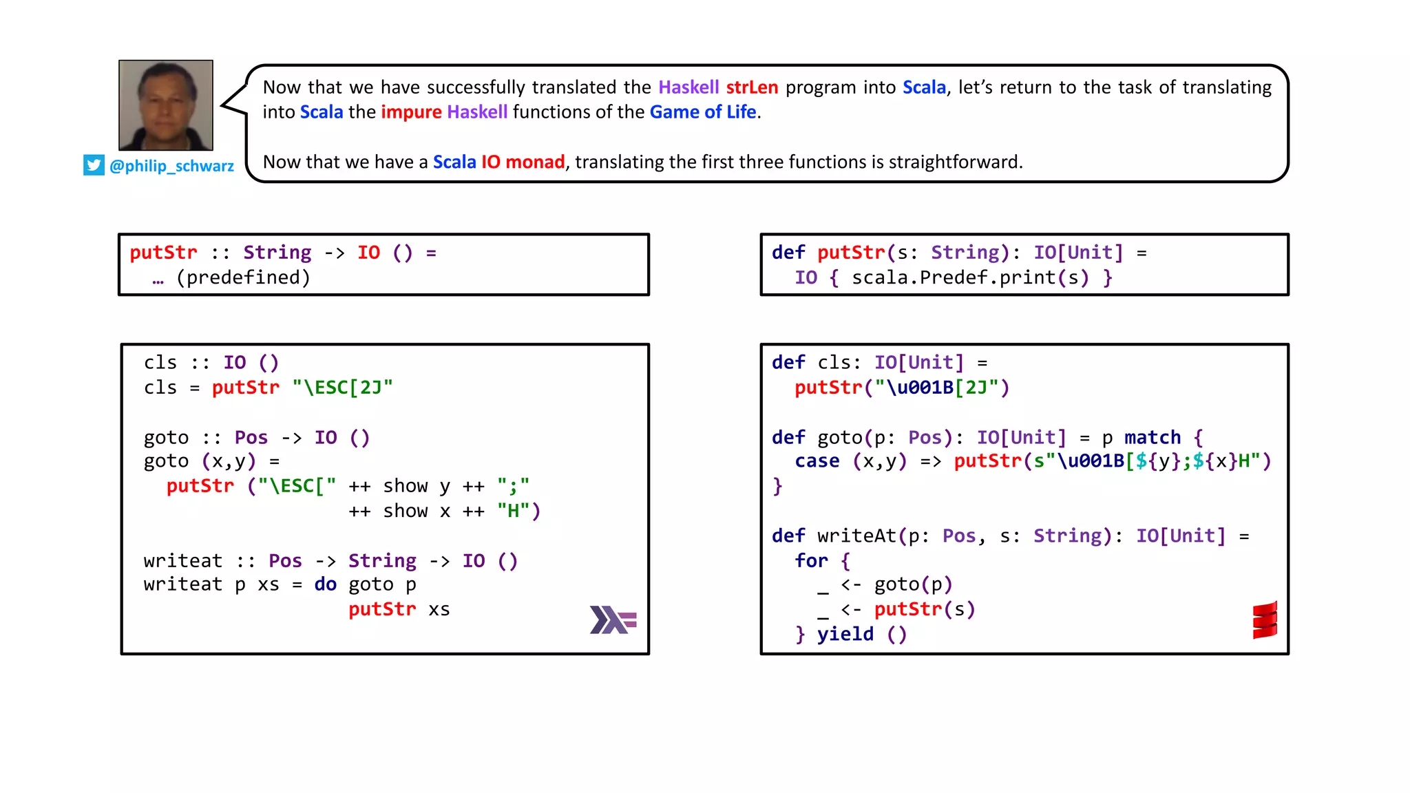 Now that we have successfully translated the Haskell strLen program into Scala, let’s return to the task of translating
into Scala the impure Haskell functions of the Game of Life.
Now that we have a Scala IO monad, translating the first three functions is straightforward.
cls :: IO ()
cls = putStr "ESC[2J"
goto :: Pos -> IO ()
goto (x,y) =
putStr ("ESC[" ++ show y ++ ";"
++ show x ++ "H")
writeat :: Pos -> String -> IO ()
writeat p xs = do goto p
putStr xs
def cls: IO[Unit] =
putStr("u001B[2J")
def goto(p: Pos): IO[Unit] = p match {
case (x,y) => putStr(s"u001B[${y};${x}H")
}
def writeAt(p: Pos, s: String): IO[Unit] =
for {
_ <- goto(p)
_ <- putStr(s)
} yield ()
putStr :: String -> IO () =
… (predefined)
def putStr(s: String): IO[Unit] =
IO { scala.Predef.print(s) }
@philip_schwarz
 