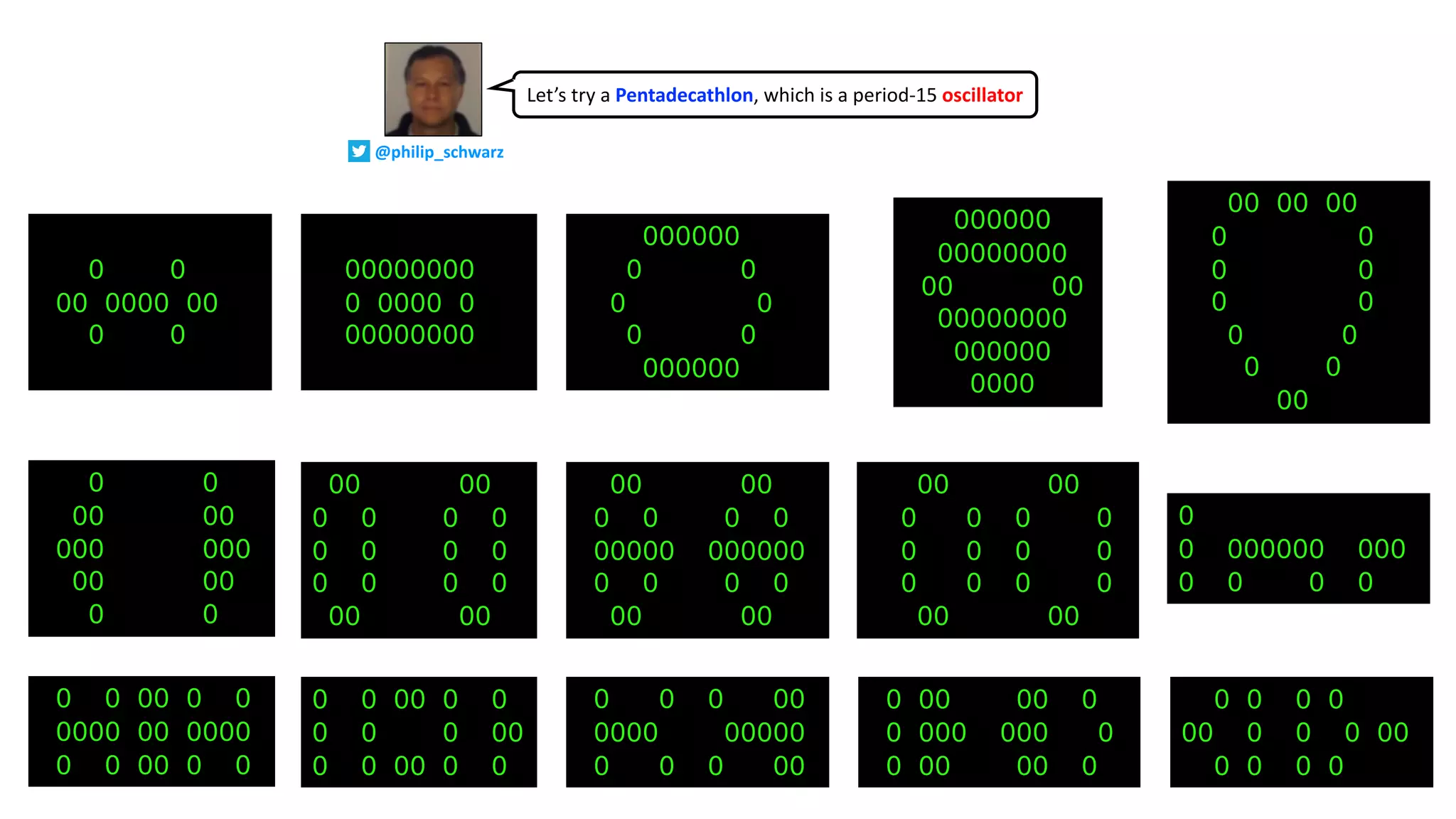O O
OO OOOO OO
O O
OOOOOOOO
O OOOO O
OOOOOOOO
OOOOOO
O O
O O
O O
OOOOOO
OOOOOO
OOOOOOOO
OO OO
OOOOOOOO
OOOOOO
OOOO
OO OO OO
O O
O O
O O
O O
O O
OO
O O
OO OO
OOO OOO
OO OO
O O
OO OO
O O O O
O O O O
O O O O
OO OO
OO OO
O O O O
OOOOO OOOOOO
O O O O
OO OO
OO OO
O O O O
O O O O
O O O O
OO OO
O
O OOOOOO OOO
O O O O
O O OO O O
OOOO OO OOOO
O O OO O O
O O OO O O
O O O OO
O O OO O O
O O O OO
OOOO OOOOO
O O O OO
O OO OO O
O OOO OOO O
O OO OO O
O O O O
OO O O O OO
O O O O
Let’s try a Pentadecathlon, which is a period-15 oscillator
@philip_schwarz
 