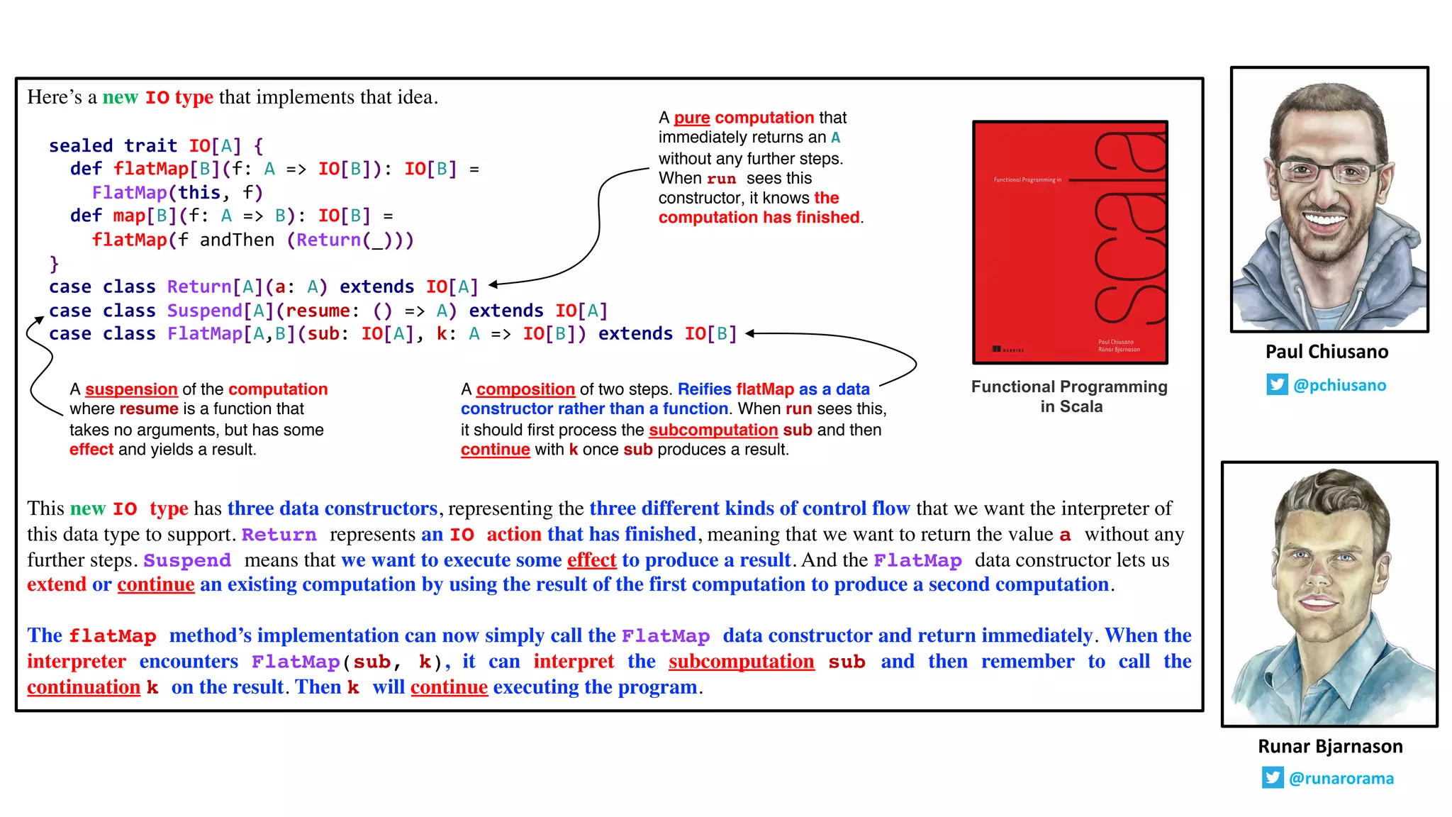 Here’s a new IO type that implements that idea.
sealed trait IO[A] {
def flatMap[B](f: A => IO[B]): IO[B] =
FlatMap(this, f)
def map[B](f: A => B): IO[B] =
flatMap(f andThen (Return(_)))
}
case class Return[A](a: A) extends IO[A]
case class Suspend[A](resume: () => A) extends IO[A]
case class FlatMap[A,B](sub: IO[A], k: A => IO[B]) extends IO[B]
This new IO type has three data constructors, representing the three different kinds of control flow that we want the interpreter of
this data type to support. Return represents an IO action that has finished, meaning that we want to return the value a without any
further steps. Suspend means that we want to execute some effect to produce a result. And the FlatMap data constructor lets us
extend or continue an existing computation by using the result of the first computation to produce a second computation.
The flatMap method’s implementation can now simply call the FlatMap data constructor and return immediately. When the
interpreter encounters FlatMap(sub, k), it can interpret the subcomputation sub and then remember to call the
continuation k on the result. Then k will continue executing the program.
Runar Bjarnason
@runarorama
Paul Chiusano
@pchiusanoFunctional Programming
in Scala
A pure computation that
immediately returns an A
without any further steps.
When run sees this
constructor, it knows the
computation has finished.
A suspension of the computation
where resume is a function that
takes no arguments, but has some
effect and yields a result.
A composition of two steps. Reifies flatMap as a data
constructor rather than a function. When run sees this,
it should first process the subcomputation sub and then
continue with k once sub produces a result.
 