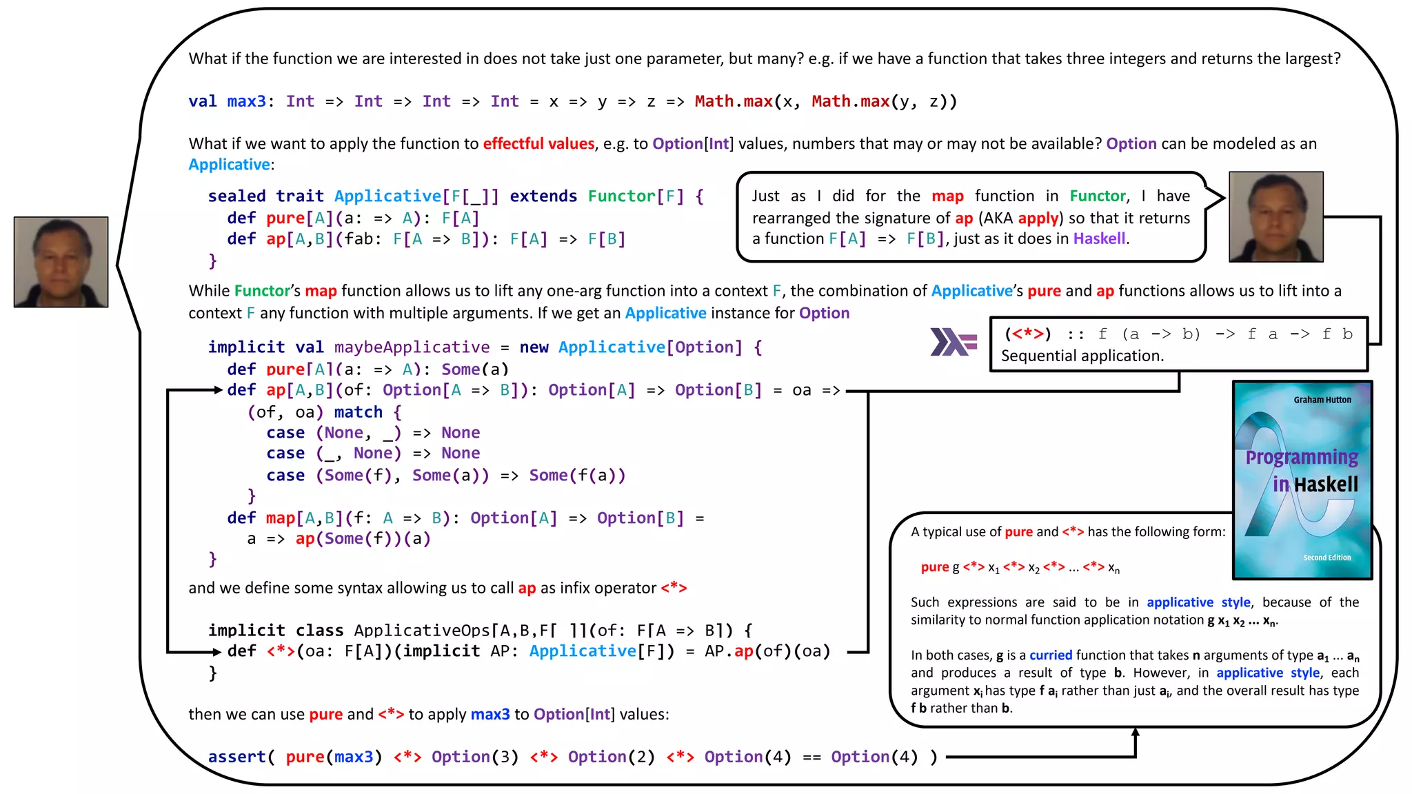 What if the function we are interested in does not take just one parameter, but many? e.g. if we have a function that takes three integers and returns the largest?
val max3: Int => Int => Int => Int = x => y => z => Math.max(x, Math.max(y, z))
What if we want to apply the function to effectful values, e.g. to Option[Int] values, numbers that may or may not be available? Option can be modeled as an
Applicative:
sealed trait Applicative[F[_]] extends Functor[F] {
def ap[A,B](fab: F[A => B])(fa: F[A]): F[B]
}
While Functor’s map function allows us to lift any one-arg function into a context F, the combination of Applicative’s pure and ap functions allows us to lift into a
context F any function with multiple arguments. If we get an Applicative instance for Option
implicit val maybeApplicative: Applicative[Option] = new Applicative[Option] {
def ap[A,B](of: Option[A => B])(oa: Option[A]): Option[B] = (of, oa) match {
case (None, _) => None
case (_, None) => None
case (Some(f), Some(a)) => Some(f(a))
}
def map[A,B](f: A => B): Option[A] => Option[B] =
a => ap(Some(f))(a)
}
and we define some syntax allowing us to call ap as infix operator <*>
implicit class ApplicativeOps[A,B,F[_]](of: F[A => B]) {
def <*>(oa: F[A])(implicit AP: Applicative[F]) = AP.ap(of)(oa)
}
then we can use pure and <*> to apply max3 to Option[Int] values:
assert( pure(max3) <*> Option(3) <*> Option(2) <*> Option(4) == Option(4) )
sealed trait Applicative[F[_]] extends Functor[F] {
def pure[A](a: => A): F[A]
def ap[A,B](fab: F[A => B]): F[A] => F[B]
}
implicit val maybeApplicative = new Applicative[Option] {
def pure[A](a: => A): Some(a)
def ap[A,B](of: Option[A => B]): Option[A] => Option[B] = oa =>
(of, oa) match {
case (None, _) => None
case (_, None) => None
case (Some(f), Some(a)) => Some(f(a))
}
def map[A,B](f: A => B): Option[A] => Option[B] =
a => ap(Some(f))(a)
}
Just as I did for the map function in Functor, I have
rearranged the signature of ap (AKA apply) so that it returns
a function F[A] => F[B], just as it does in Haskell.
A typical use of pure and <*> has the following form:
pure g <*> x1 <*> x2 <*> ... <*> xn
Such expressions are said to be in applicative style, because of the
similarity to normal function application notation g x1 x2 ... xn.
In both cases, g is a curried function that takes n arguments of type a1 ... an
and produces a result of type b. However, in applicative style, each
argument xi has type f ai rather than just ai, and the overall result has type
f b rather than b.
(<*>) :: f (a -> b) -> f a -> f b
Sequential application.
 