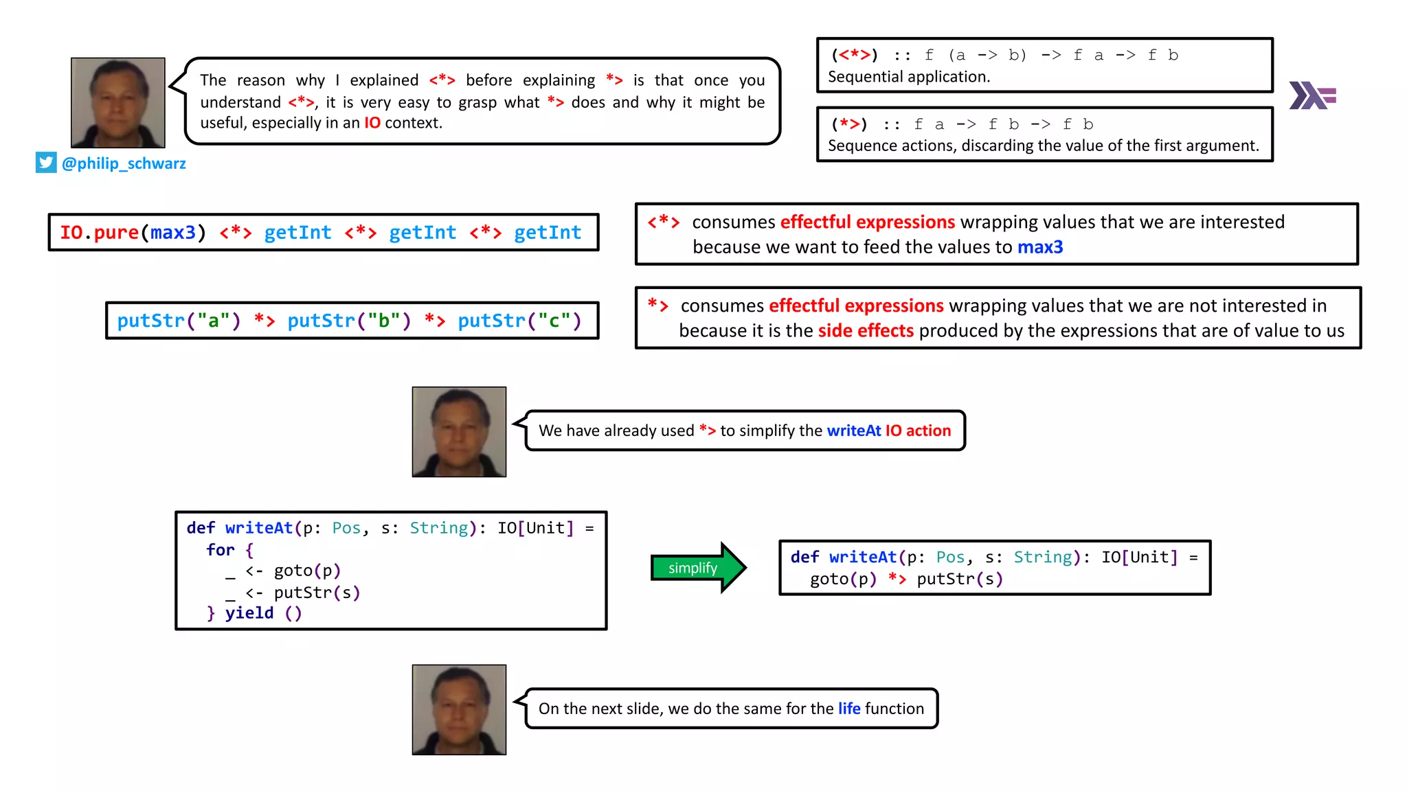 def writeAt(p: Pos, s: String): IO[Unit] =
goto(p) *> putStr(s)
def writeAt(p: Pos, s: String): IO[Unit] =
for {
_ <- goto(p)
_ <- putStr(s)
} yield ()
simplify
We have already used *> to simplify the writeAt IO action
IO.pure(max3) <*> getInt <*> getInt <*> getInt
putStr("a") *> putStr("b") *> putStr("c")
(<*>) :: f (a -> b) -> f a -> f b
Sequential application.
(*>) :: f a -> f b -> f b
Sequence actions, discarding the value of the first argument.
The reason why I explained <*> before explaining *> is that once you
understand <*>, it is very easy to grasp what *> does and why it might be
useful, especially in an IO context.
<*> consumes effectful expressions wrapping values that we are interested
because we want to feed the values to max3
*> consumes effectful expressions wrapping values that we are not interested in
because it is the side effects produced by the expressions that are of value to us
On the next slide, we do the same for the life function
@philip_schwarz
 