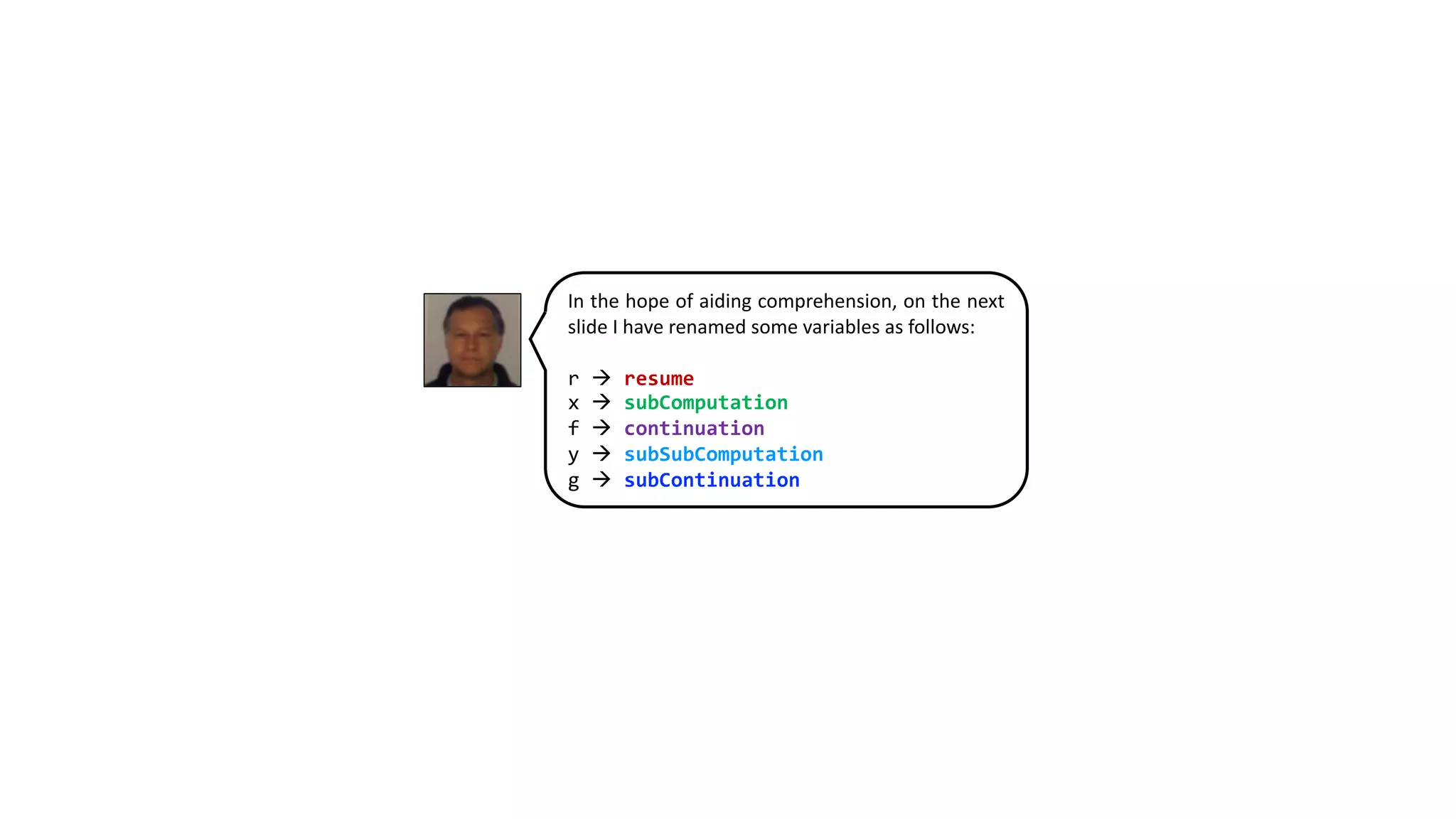 In the hope of aiding comprehension, on the next
slide I have renamed some variables as follows:
r à resume
x à subComputation
f à continuation
y à subSubComputation
g à subContinuation
 