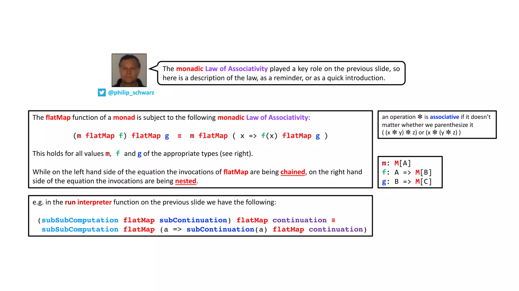 The flatMap function of a monad is subject to the following monadic Law of Associativity:
(m flatMap f) flatMap g ≡ m flatMap ( x => f(x) flatMap g )
This holds for all values m, f and g of the appropriate types (see right).
While on the left hand side of the equation the invocations of flatMap are being chained, on the right hand
side of the equation the invocations are being nested.
an operation ✽ is associative if it doesn’t
matter whether we parenthesize it
( (x ✽ y) ✽ z) or (x ✽ (y ✽ z) )
e.g. in the run interpreter function on the previous slide we have the following:
(subSubComputation flatMap subContinuation) flatMap continuation ≡
subSubComputation flatMap (a => subContinuation(a) flatMap continuation)
m: M[A]
f: A => M[B]
g: B => M[C]
@philip_schwarz
The monadic Law of Associativity played a key role on the previous slide, so
here is a description of the law, as a reminder, or as a quick introduction.
 