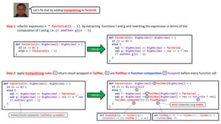 Let’s fix that by adding trampolining to factorial.
def factorial(n: BigDecimal): BigDecimal = {
if (n == 0) 1
else n * factorial(n - 1)
}
def factorial(n: BigDecimal): BigDecimal = {
if (n == 0) 1
else {
val f: BigDecimal => BigDecimal = factorial _
val g: BigDecimal => BigDecimal = res => n * res
(f andThen g)(n - 1)
}
}
Step 1: refactor expression n * factorial(n - 1) by extracting functions f and g and rewriting the expression in terms of the
composition of f and g, i.e. (f andThen g)(n - 1)
def factorial(n: BigDecimal): TailRec[BigDecimal] = {
if (n == 0) Return(1)
else {
val f: BigDecimal => TailRec[BigDecimal] = factorial _
val g: BigDecimal => TailRec[BigDecimal] = res => Return(n * res)
TailRec.suspend(f(n-1).flatMap(g))
}
}
Step 2: apply trampolining rules: (1) return result wrapped in TailRec, (2) use flatMap in function composition, (3) Suspend before every function call
def factorial(n: BigDecimal): BigDecimal = {
if (n == 0) 1
else {
val f: BigDecimal => BigDecimal = factorial _
val g: BigDecimal => BigDecimal = res => n * res
(f andThen g)(n - 1)
}
}
refactor
refactor
1
23
def suspend[A](a: => TailRec[A]) =
Suspend(() => ()).flatMap { _ => a }
1
def flatMap[B](f: A => TailRec[B]): TailRec[B] =
FlatMap(this, f)
ordinary function composition: f andThen g = g compose f
Kleisli composition using flatMap
1
1
1
1 2 3
 