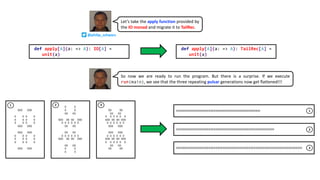 Let’s take the apply function provided by
the IO monad and migrate it to TailRec.
def apply[A](a: => A): IO[A] =
unit(a)
def apply[A](a: => A): TailRec[A] =
unit(a)
So now we are ready to run the program. But there is a surprise. If we execute
run(main), we see that the three repeating pulsar generations now get flattened!!!
OOO OOO
O O O O
O O O O
O O O O
OOO OOO
OOO OOO
O O O O
O O O O
O O O O
OOO OOO
O O
O O
OO OO
OOO OO OO OOO
O O O O O O
OO OO
OO OO
O O O O O O
OOO OO OO OOO
OO OO
O O
O O
OO OO
OO OO
O O O O O O
OOO OO OO OOO
O O O O O O
OOO OOO
OOO OOO
O O O O O O
OOO OO OO OOO
O O O O O O
OO OO
OO OO
1 2 3
OOOOOOOOOOOOOOOOOOOOOOOOOOOOOOOOOOOOOOOOOOOOOOOO
OOOOOOOOOOOOOOOOOOOOOOOOOOOOOOOOOOOOOOOOOOOOOOOOOOOOOOOO
OOOOOOOOOOOOOOOOOOOOOOOOOOOOOOOOOOOOOOOOOOOOOOOOOOOOOOOOOOOOOOOOOOOOOOOO
1
2
3
@philip_schwarz
 