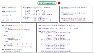 type Pos = (Int, Int)
type Board = List[Pos]
val width = 20
val height = 20
def neighbs(p: Pos): List[Pos] = p match {
case (x,y) => List(
(x - 1, y - 1), (x, y - 1),
(x + 1, y - 1), (x - 1, y ),
(x + 1, y ), (x - 1, y + 1),
(x, y + 1), (x + 1, y + 1) ) map wrap }
def wrap(p:Pos): Pos = p match {
case (x, y) => (((x - 1) % width) + 1,
((y - 1) % height) + 1) }
def survivors(b: Board): List[Pos] =
for {
p <- b
if List(2,3) contains liveneighbs(b)(p)
} yield p
def births(b: Board): List[Pos] =
for {
p <- rmdups(b flatMap neighbs)
if isEmpty(b)(p)
if liveneighbs(b)(p) == 3
} yield p
def rmdups[A](l: List[A]): List[A] = l match {
case Nil => Nil
case x::xs => x::rmdups(xs filter(_ != x)) }
def nextgen(b: Board): Board =
survivors(b) ++ births(b)
def isAlive(b: Board)(p: Pos): Boolean =
b contains p
def isEmpty(b: Board)(p: Pos): Boolean =
!(isAlive(b)(p))
def liveneighbs(b:Board)(p: Pos): Int =
neighbs(p).filter(isAlive(b)).length
val glider: Board = List((4,2),(2,3),(4,3),(3,4),(4,4))
val gliderNext: Board = List((3,2),(4,3),(5,3),(3,4),(4,4))
val pulsar: Board = List(
(4, 2),(5, 2),(6, 2),(10, 2),(11, 2),(12, 2),
(2, 4),(7, 4),( 9, 4),(14, 4),
(2, 5),(7, 5),( 9, 5),(14, 5),
(2, 6),(7, 6),( 9, 6),(14, 6),
(4, 7),(5, 7),(6, 7),(10, 7),(11, 7),(12, 7),
(4, 9),(5, 9),(6, 9),(10, 9),(11, 9),(12, 9),
(2,10),(7,10),( 9,10),(14,10),
(2,11),(7,11),( 9,11),(14,11),
(2,12),(7,12),( 9,12),(14,12),
(4,14),(5,14),(6,14),(10,14),(11,14),(12,14)])
FUNCTIONAL CORE
 