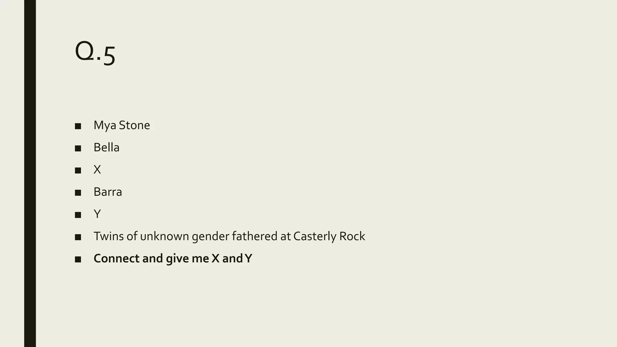 Q.5
■ Mya Stone
■ Bella
■ X
■ Barra
■ Y
■ Twins of unknown gender fathered at Casterly Rock
■ Connect and give me X andY
 