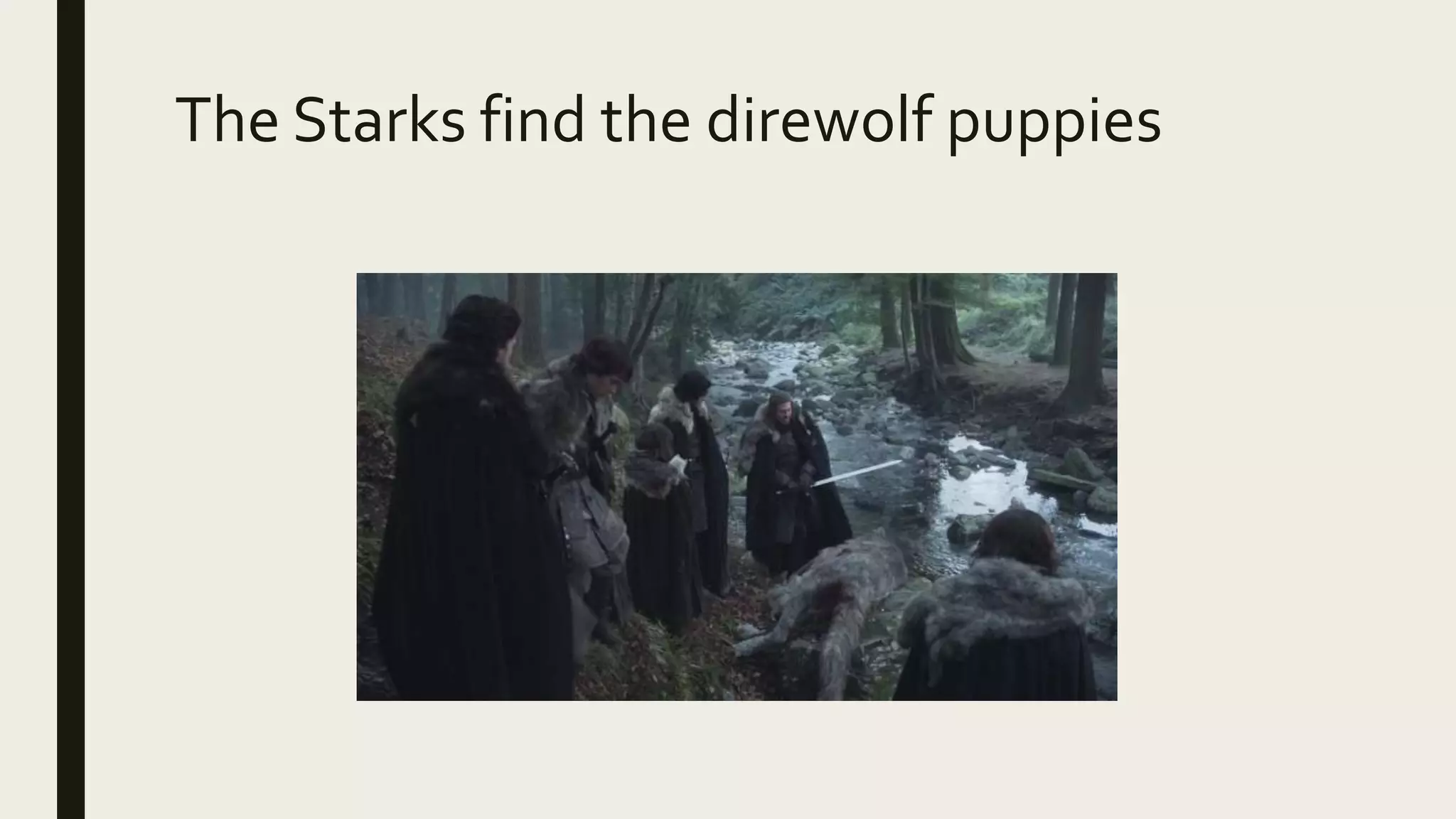 The Starks find the direwolf puppies
 