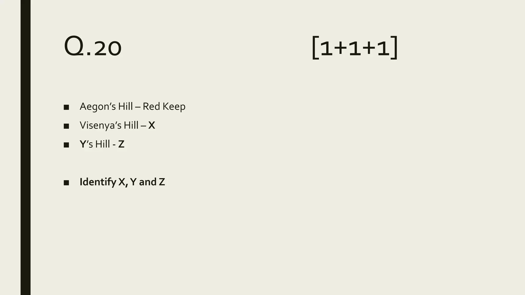 Q.20 [1+1+1]
■ Aegon’s Hill – Red Keep
■ Visenya’s Hill – X
■ Y’s Hill - Z
■ Identify X,Y and Z
 