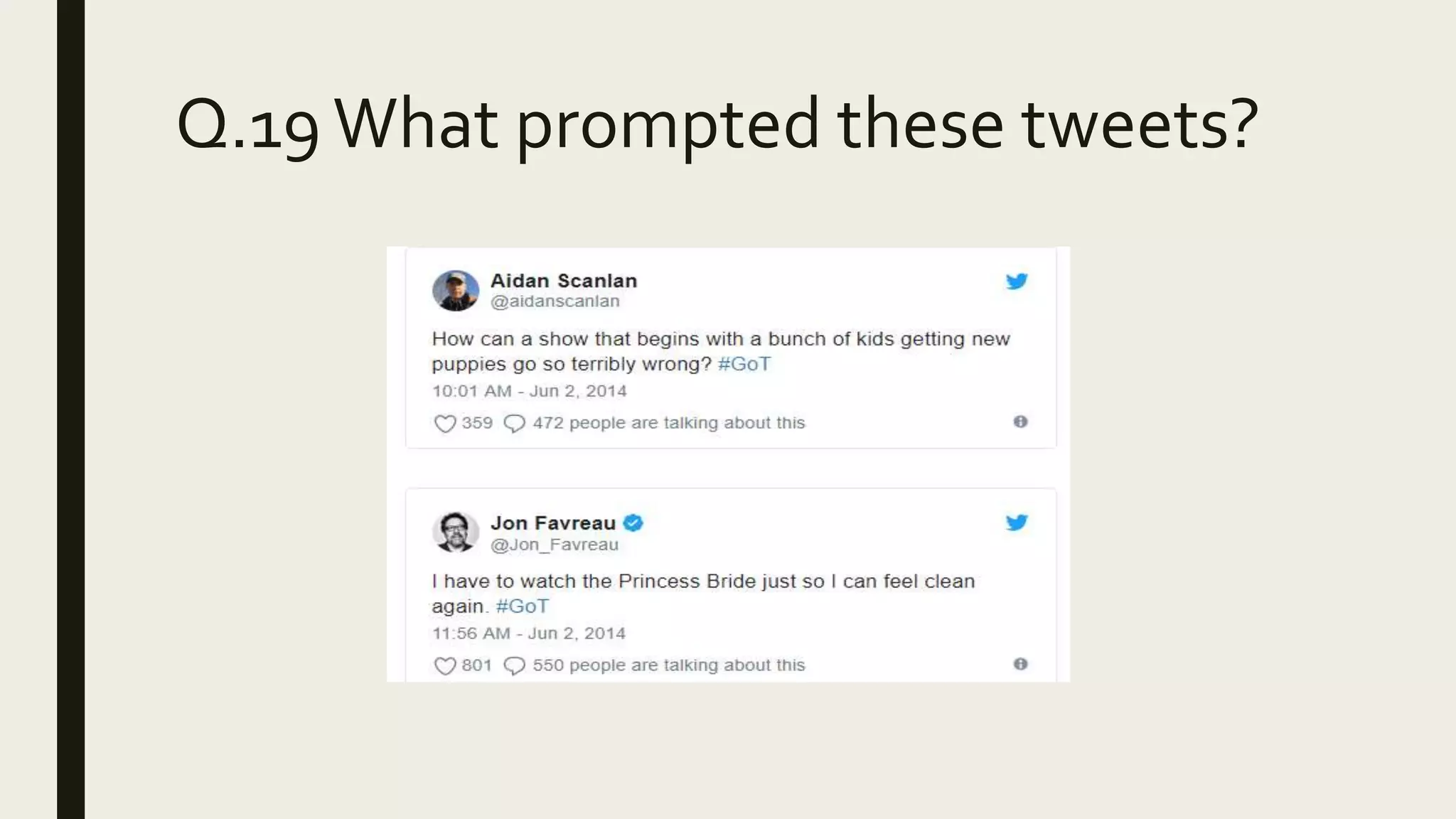Q.19 What prompted these tweets?
 