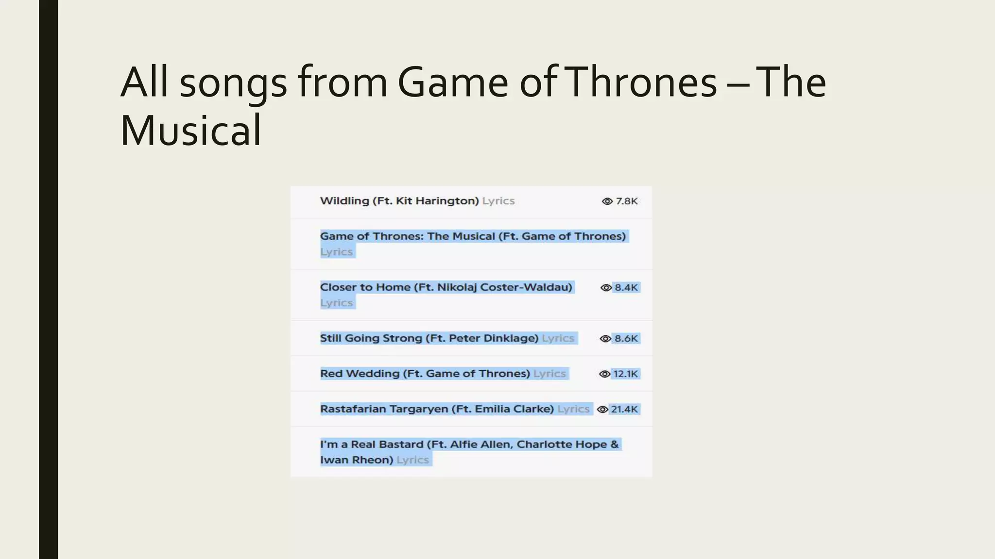 All songs from Game ofThrones –The
Musical
 