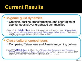 In-game guild dynamics Creation, decline, transformation, and separation of spontaneous player-organized communities Chen, C.H.,  Hsieh, J.L.,  & Sun, C.T. (unpublished manuscript).  “Player Guild Dynamics and Evolution in Massively Multiplayer Online Games.” Submitted to  Cyberpsychology & Behavior  (SSCI), March, 2007. Cross-cultural comparisons Comparing Taiwanese and American gaming culture Sun, C.T ., Hsieh, J.L.,  & Chen, C.H.  "Comparing Taiwanese and American  WoW  Player Cultures in Terms of Achievement,"  to be presented at the  2007 Digital Games Research Association Conference , Tokyo, Japan. 