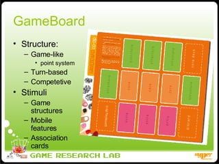 GameBoard Structure: Game-like point system Turn-based Competetive Stimuli Game structures Mobile features Association cards 