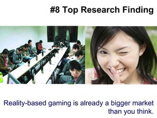#8 Top Research Finding Big splashy screenshot goes here Reality-based gaming is already a bigger market than you think. 
