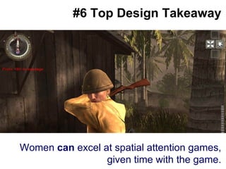 #6 Top Design Takeaway Women  can  excel at spatial attention games, given time with the game. 