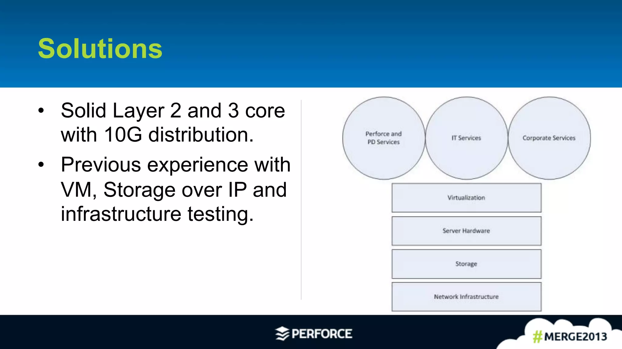 16	
  
Solutions
•  Solid Layer 2 and 3 core
with 10G distribution.
•  Previous experience with
VM, Storage over IP and
infrastructure testing.
 