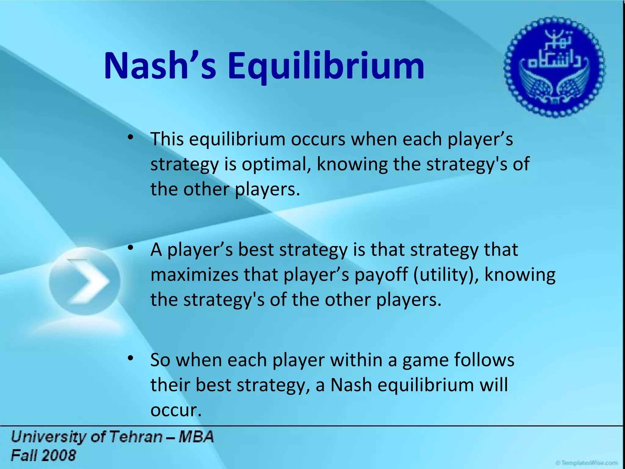 Title Lorem ipsum dolor sit amet, consectetuer adipiscing elit. Vivamus et magna. Fusce sed sem sed magna suscipit egestas.  Lorem ipsum dolor sit amet, consectetuer adipiscing elit. Vivamus et magna. Fusce sed sem sed magna suscipit egestas.  DGDG Nash’s Equilibrium  This equilibrium occurs when each player’s strategy is optimal, knowing the strategy's of the other players. A player’s best strategy is that strategy that maximizes that player’s payoff (utility), knowing the strategy's of the other players. So when each player within a game follows their best strategy, a Nash equilibrium will occur. 