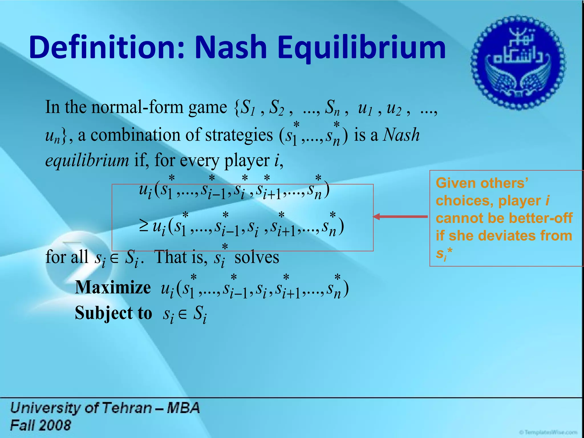 Title Lorem ipsum dolor sit amet, consectetuer adipiscing elit. Vivamus et magna. Fusce sed sem sed magna suscipit egestas.  Lorem ipsum dolor sit amet, consectetuer adipiscing elit. Vivamus et magna. Fusce sed sem sed magna suscipit egestas.  DGDG Definition: Nash Equilibrium Given others’ choices, player  i  cannot be better-off if she deviates from  s i * 