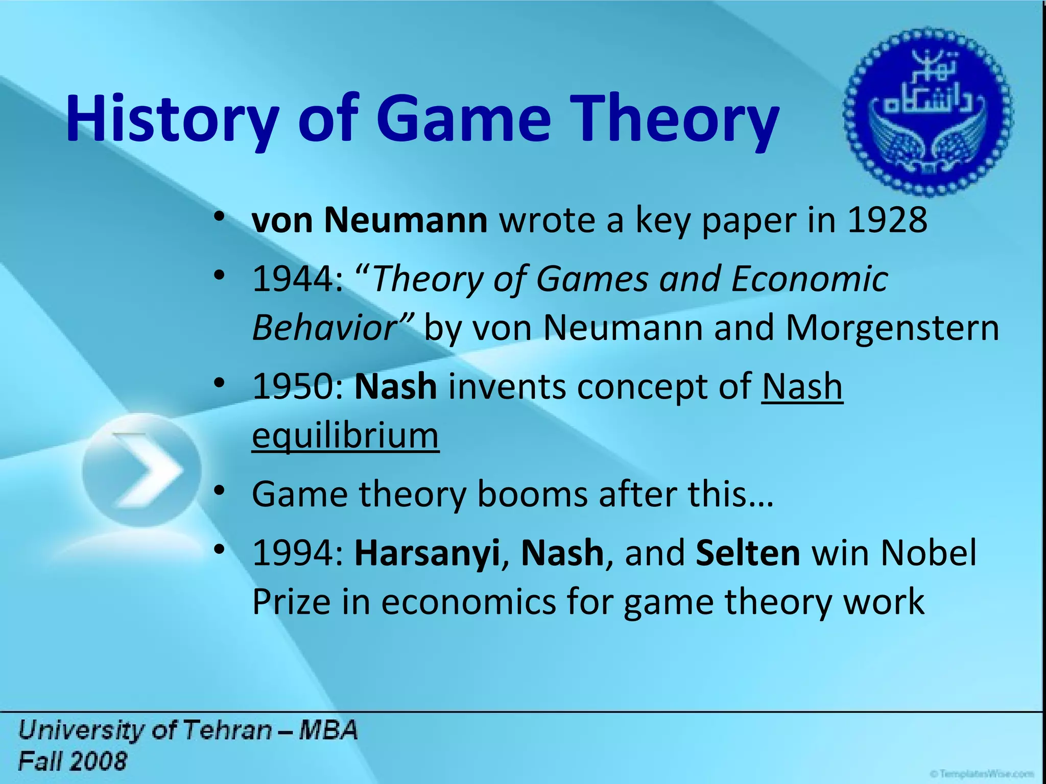 Title Lorem ipsum dolor sit amet, consectetuer adipiscing elit. Vivamus et magna. Fusce sed sem sed magna suscipit egestas.  Lorem ipsum dolor sit amet, consectetuer adipiscing elit. Vivamus et magna. Fusce sed sem sed magna suscipit egestas.  DGDG History of Game Theory von Neumann  wrote a key paper in 1928 1944: “ Theory of Games and Economic Behavior”  by von Neumann and Morgenstern 1950:  Nash  invents concept of  Nash equilibrium Game theory booms after this… 1994:  Harsanyi ,  Nash , and  Selten  win Nobel Prize in economics for game theory work 