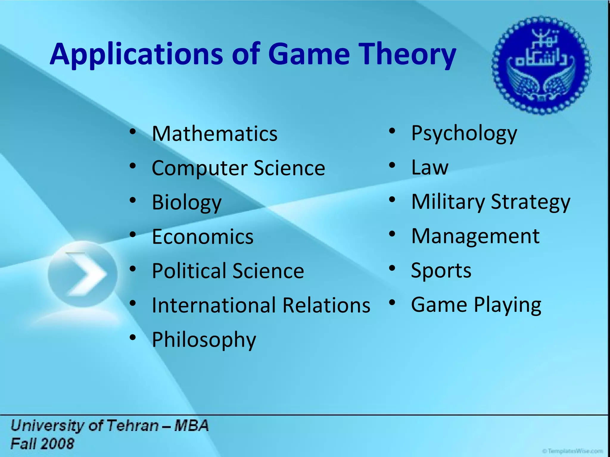 Title Lorem ipsum dolor sit amet, consectetuer adipiscing elit. Vivamus et magna. Fusce sed sem sed magna suscipit egestas.  Lorem ipsum dolor sit amet, consectetuer adipiscing elit. Vivamus et magna. Fusce sed sem sed magna suscipit egestas.  DGDG Mathematics Computer Science Biology Economics Political Science International Relations Philosophy Psychology Law Military Strategy Management Sports Game Playing Applications of Game Theory 