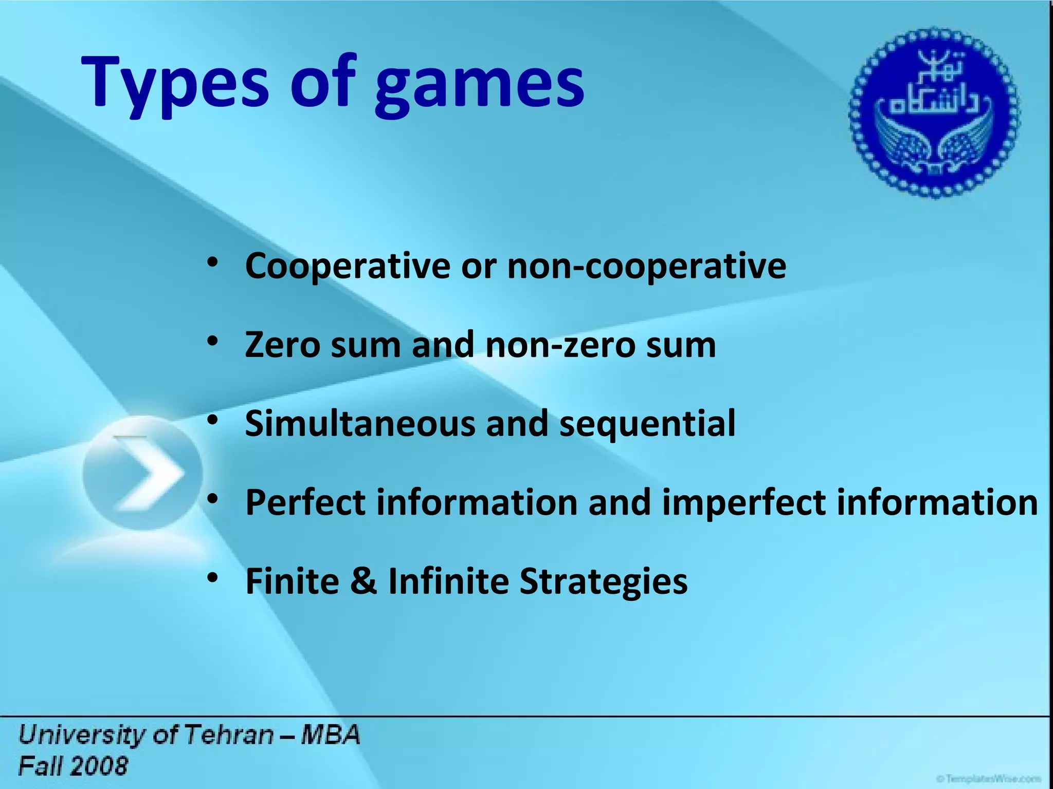 Title Lorem ipsum dolor sit amet, consectetuer adipiscing elit. Vivamus et magna. Fusce sed sem sed magna suscipit egestas.  Lorem ipsum dolor sit amet, consectetuer adipiscing elit. Vivamus et magna. Fusce sed sem sed magna suscipit egestas.  DGDG Types of games Cooperative or non-cooperative  Zero sum and non-zero sum  Simultaneous and sequential  Perfect information and imperfect information  Finite & Infinite Strategies 