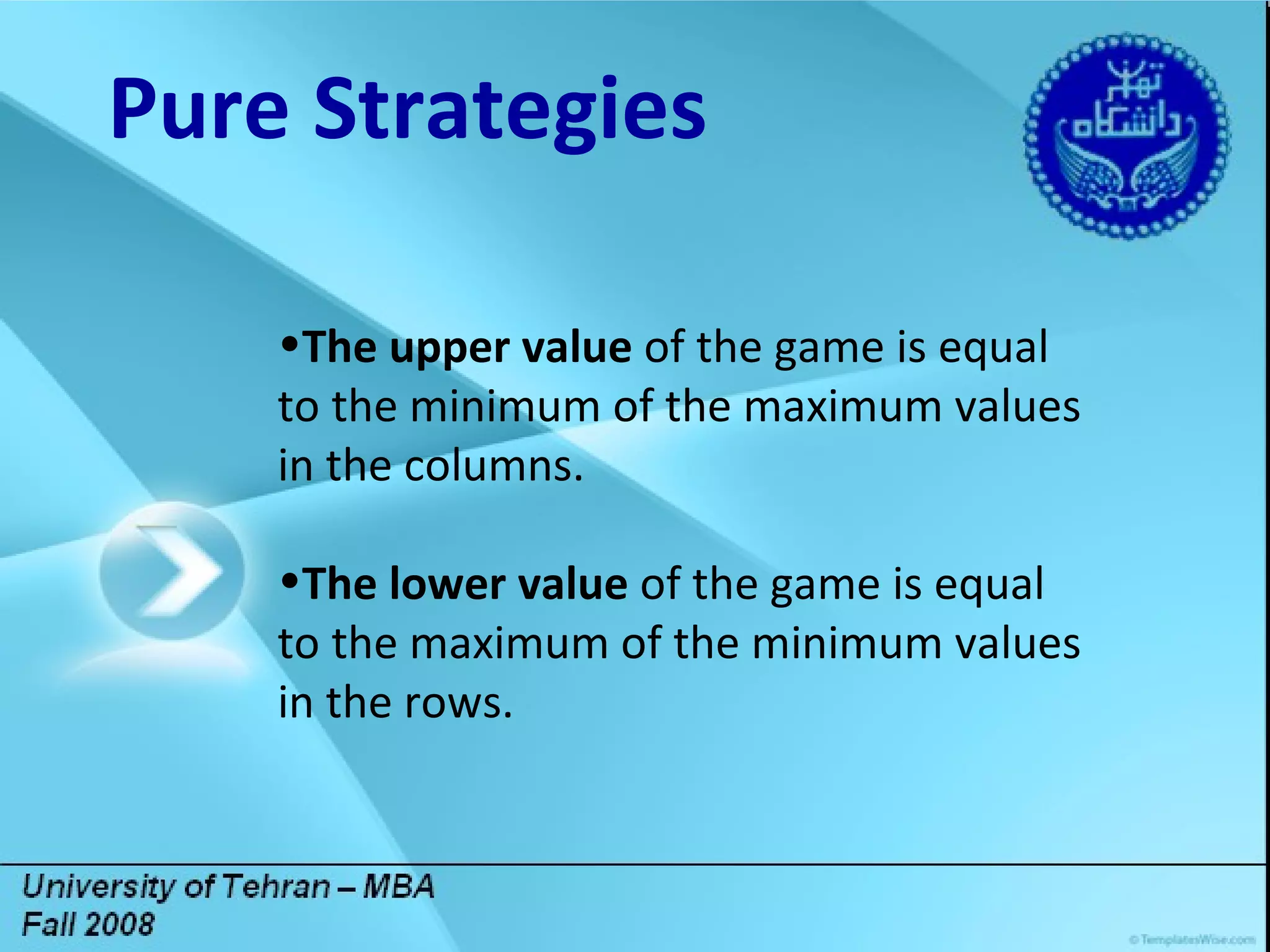 Title Lorem ipsum dolor sit amet, consectetuer adipiscing elit. Vivamus et magna. Fusce sed sem sed magna suscipit egestas.  Lorem ipsum dolor sit amet, consectetuer adipiscing elit. Vivamus et magna. Fusce sed sem sed magna suscipit egestas.  DGDG Pure Strategies The upper value  of the game is equal to the minimum of the maximum values in the columns.  The lower value  of the game is equal to the maximum of the minimum values in the rows.  