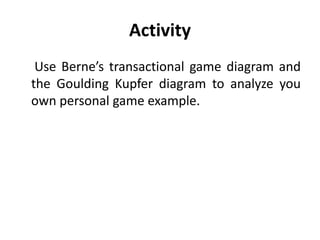 Activity
Use Berne’s transactional game diagram and
the Goulding Kupfer diagram to analyze you
own personal game example.
 