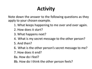 Activity
Note down the answer to the following questions as they
apply to your chosen example.
1. What keeps happening to me over and over again.
2. How does it start?
3. What happens next?
4.
5. And then?
6.
7. How does it end?
8a. How do I feel?
8b. How do I think the other person feels?
What is my secret message to the other person?
What is the other person’s secret message to me?
 