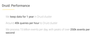 Druid: Performance
We keep data for 1 year in Druid cluster
Around 40k queries per hour to Druid cluster
We process 15 billion events per day, with peaks of over 250k events per
second
 