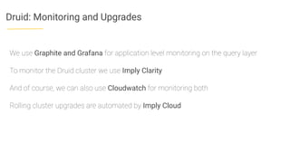 Druid: Monitoring and Upgrades
We use Graphite and Grafana for application level monitoring on the query layer
To monitor the Druid cluster we use Imply Clarity
And of course, we can also use Cloudwatch for monitoring both
Rolling cluster upgrades are automated by Imply Cloud
 