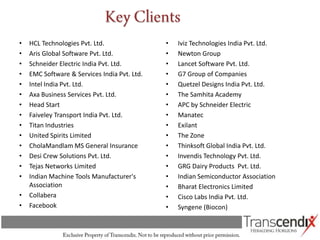 •   HCL Technologies Pvt. Ltd.                •   Iviz Technologies India Pvt. Ltd.
•   Aris Global Software Pvt. Ltd.            •   Newton Group
•   Schneider Electric India Pvt. Ltd.        •   Lancet Software Pvt. Ltd.
•   EMC Software & Services India Pvt. Ltd.   •   G7 Group of Companies
•   Intel India Pvt. Ltd.                     •   Quetzel Designs India Pvt. Ltd.
•   Axa Business Services Pvt. Ltd.           •   The Samhita Academy
•   Head Start                                •   APC by Schneider Electric
•   Faiveley Transport India Pvt. Ltd.        •   Manatec
•   Titan Industries                          •   Exilant
•   United Spirits Limited                    •   The Zone
•   CholaMandlam MS General Insurance         •   Thinksoft Global India Pvt. Ltd.
•   Desi Crew Solutions Pvt. Ltd.             •   Invendis Technology Pvt. Ltd.
•   Tejas Networks Limited                    •   GRG Dairy Products Pvt. Ltd.
•   Indian Machine Tools Manufacturer's       •   Indian Semiconductor Association
    Association                               •   Bharat Electronics Limited
•   Collabera                                 •   Cisco Labs India Pvt. Ltd.
•   Facebook                                  •   Syngene (Biocon)
 