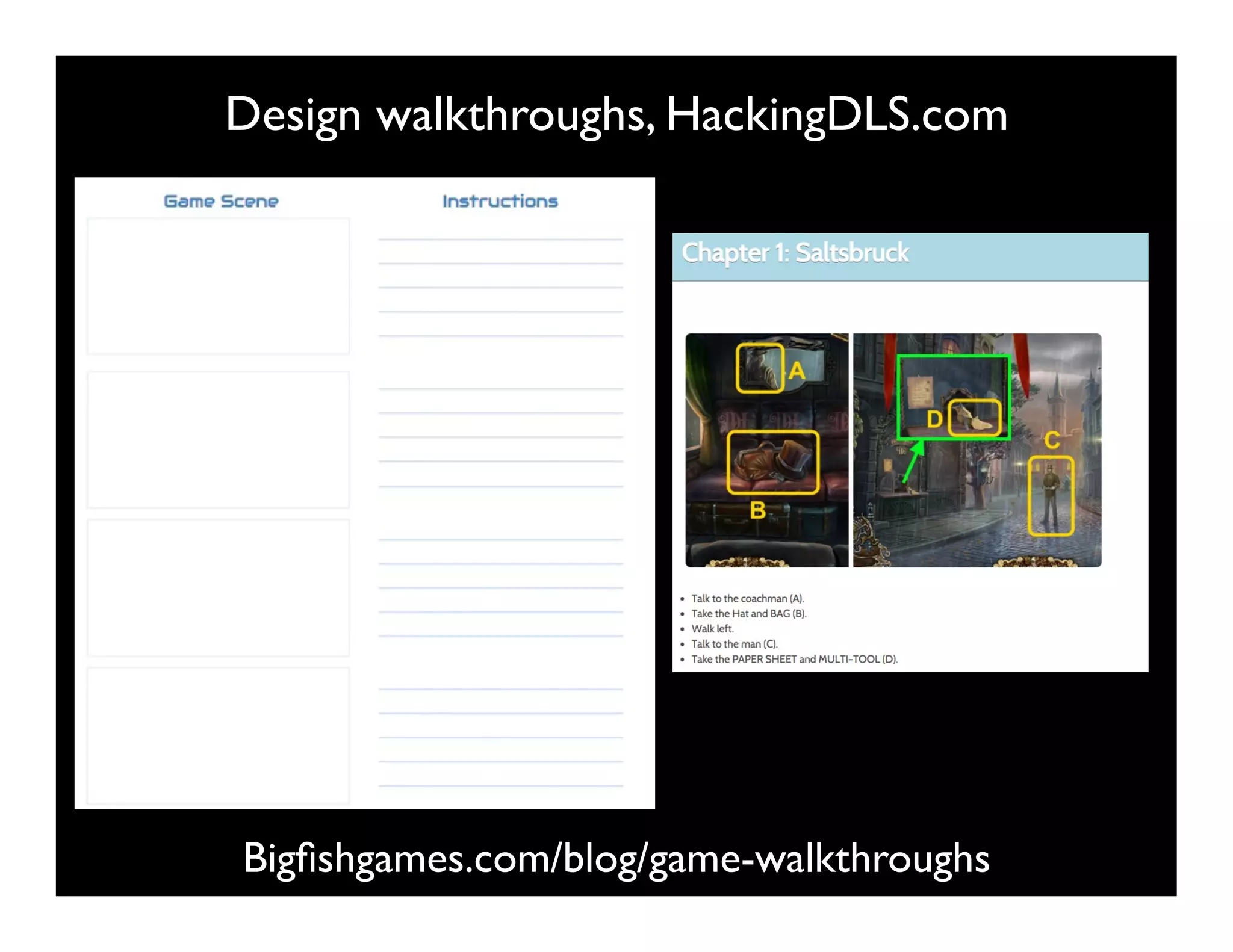 Design walkthroughs, HackingDLS.com
Bigﬁshgames.com/blog/game-walkthroughs
 