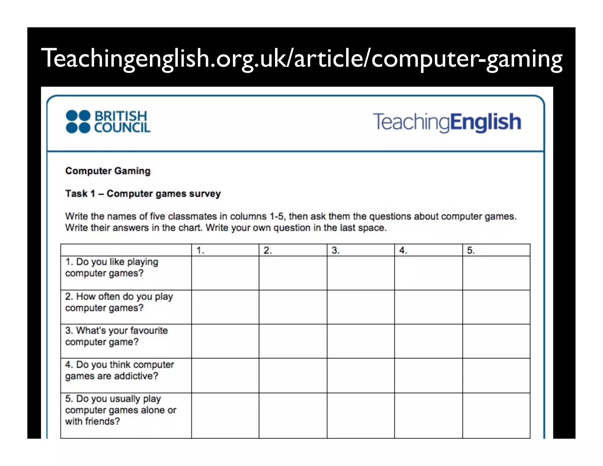 Teachingenglish.org.uk/article/computer-gaming
6kuLfV
 