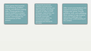 Select games that promote
critical thinking, problem-
solving, and decision-making
skills. Choose games that
require students to analyze
information, make informed
choices, and evaluate the
consequences of their
actions.
Incorporate structured
reflection and discussion
activities before, during, and
after gameplay. Encourage
students to reflect on their
strategies, experiences, and
learning outcomes, and
facilitate meaningful
conversations about the
connections between
gameplay and real-world
concepts.
Offer constructive feedback and
support to students as they
engage with games. Provide
guidance, hints, and scaffolding
when needed to help students
overcome challenges and
deepen their understanding of
the content.
.
 