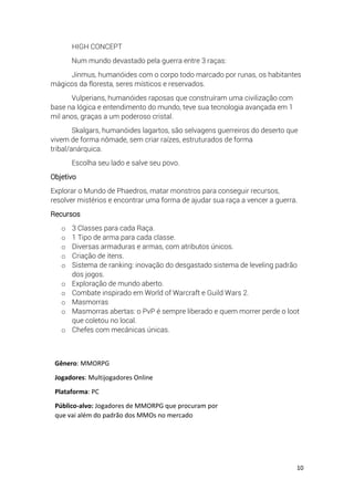 10
HIGH CONCEPT
Num mundo devastado pela guerra entre 3 raças:
Jinmus, humanóides com o corpo todo marcado por runas, os habitantes
mágicos da floresta, seres místicos e reservados.
Vulperians, humanóides raposas que construíram uma civilização com
base na lógica e entendimento do mundo, teve sua tecnologia avançada em 1
mil anos, graças a um poderoso cristal.
Skalgars, humanóides lagartos, são selvagens guerreiros do deserto que
vivem de forma nômade, sem criar raízes, estruturados de forma
tribal/anárquica.
Escolha seu lado e salve seu povo.
Objetivo
Explorar o Mundo de Phaedros, matar monstros para conseguir recursos,
resolver mistérios e encontrar uma forma de ajudar sua raça a vencer a guerra.
Recursos
o 3 Classes para cada Raça.
o 1 Tipo de arma para cada classe.
o Diversas armaduras e armas, com atributos únicos.
o Criação de itens.
o Sistema de ranking: inovação do desgastado sistema de leveling padrão
dos jogos.
o Exploração de mundo aberto.
o Combate inspirado em World of Warcraft e Guild Wars 2.
o Masmorras
o Masmorras abertas: o PvP é sempre liberado e quem morrer perde o loot
que coletou no local.
o Chefes com mecânicas únicas.
Gênero: MMORPG
Jogadores: Multijogadores Online
Plataforma: PC
Público-alvo: Jogadores de MMORPG que procuram por
que vai além do padrão dos MMOs no mercado
 